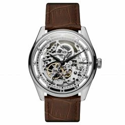 Discount 😍 Seizmont Motus | Silver-Tone Automatic Skeleton ⌚ Watch With Chocolate Brown Leather Strap 🔥
