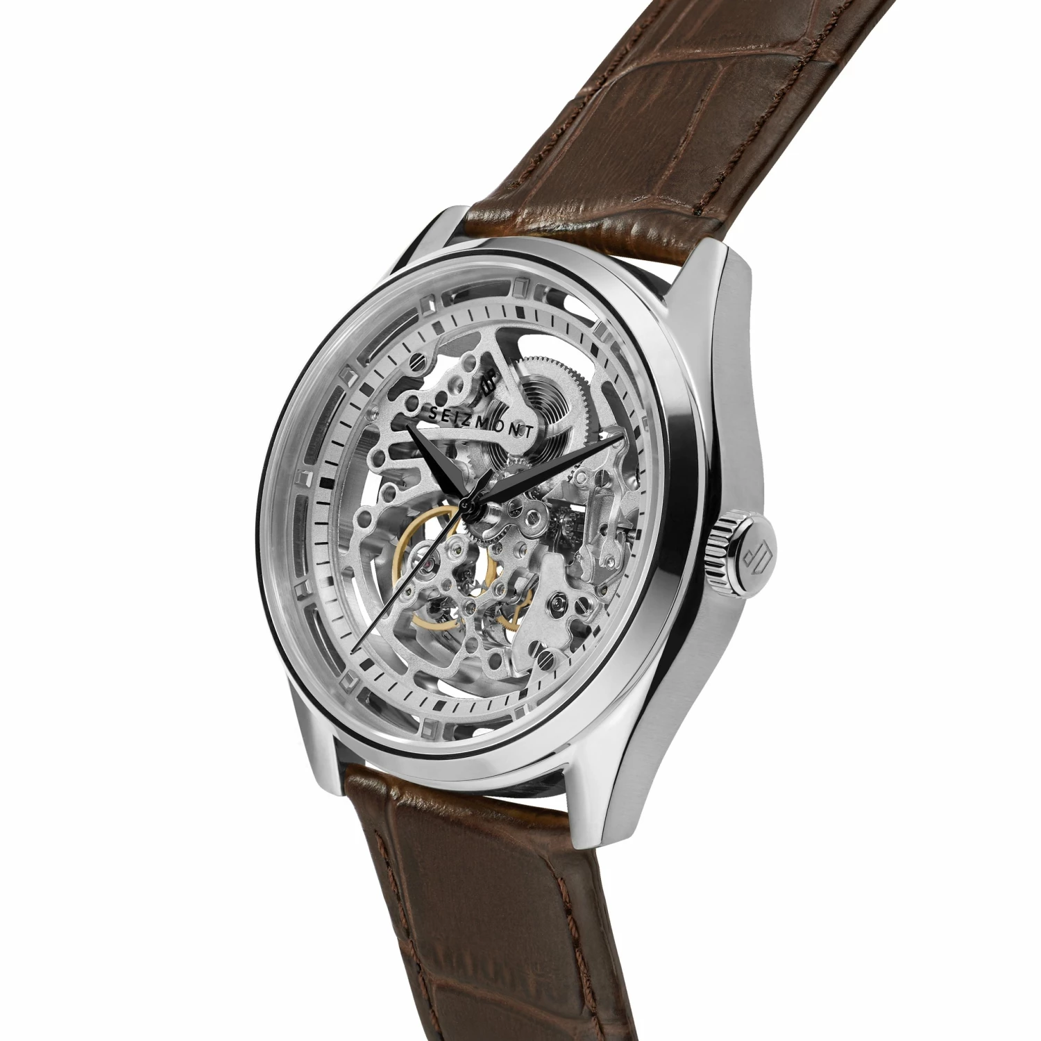 Discount π Seizmont Motus | Silver-Tone Automatic Skeleton β Watch With Chocolate Brown Leather Strap π₯ 4 Discount π Seizmont Motus | Silver-Tone Automatic Skeleton β Watch With Chocolate Brown Leather Strap π₯ - Image 2