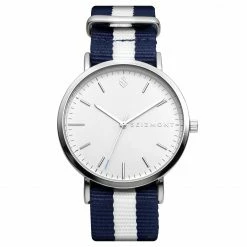 Budget 🎉 Seizmont Moment | Silver-Tone Minimalist 👗 Dress ⌚ Watch With White Dial & Blue & White Striped Nylon Strap 🌟